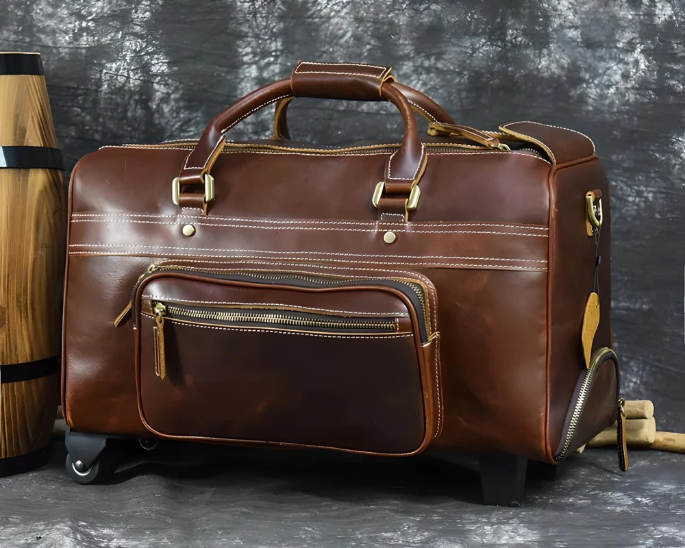 leather carry on bag wheels